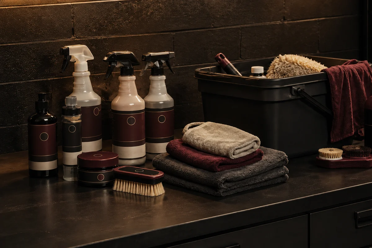 Detailing supplies, brushes, towels, and a wash bucket arranged in a shop